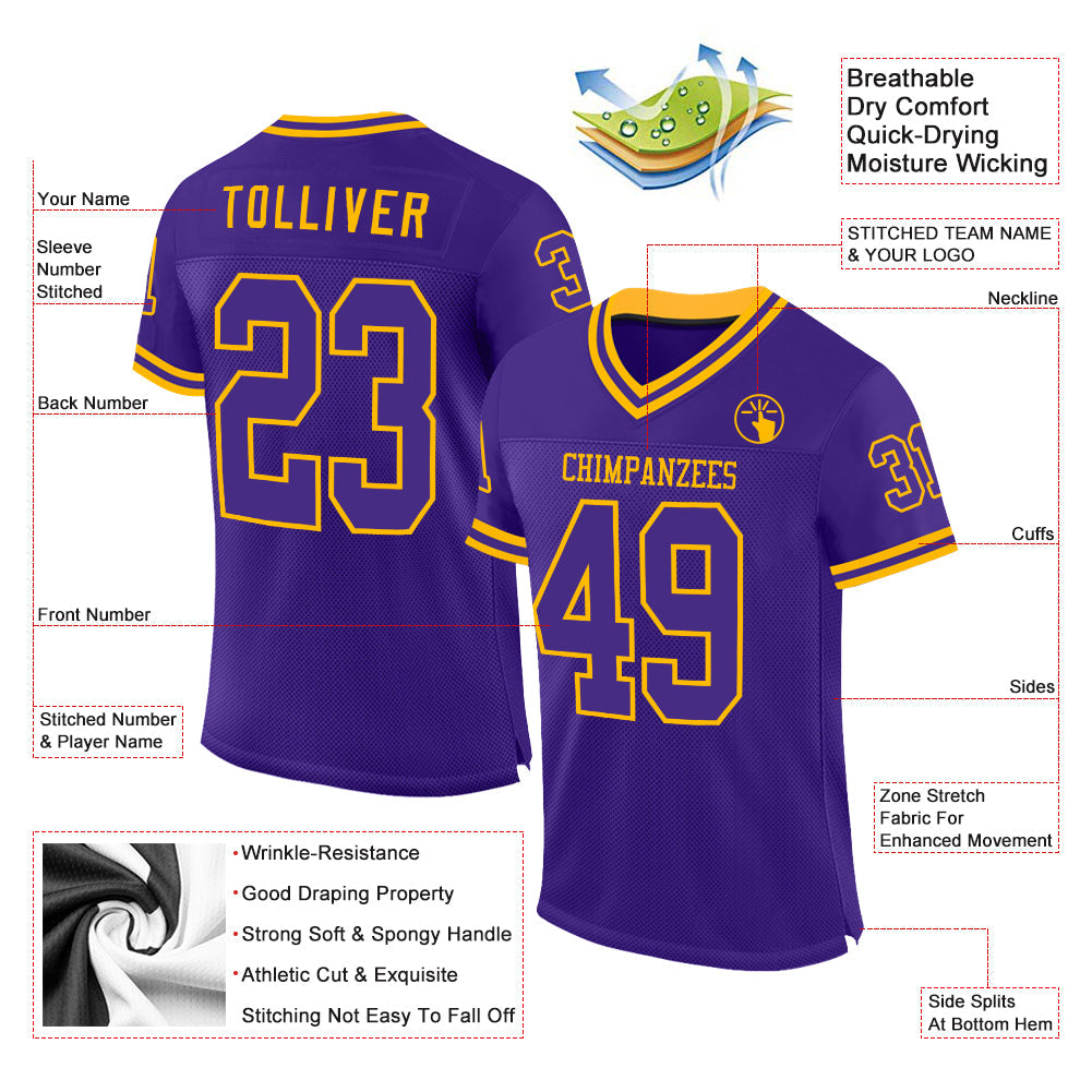 Custom Purple Gold Mesh Authentic Throwback Football Jersey view 2