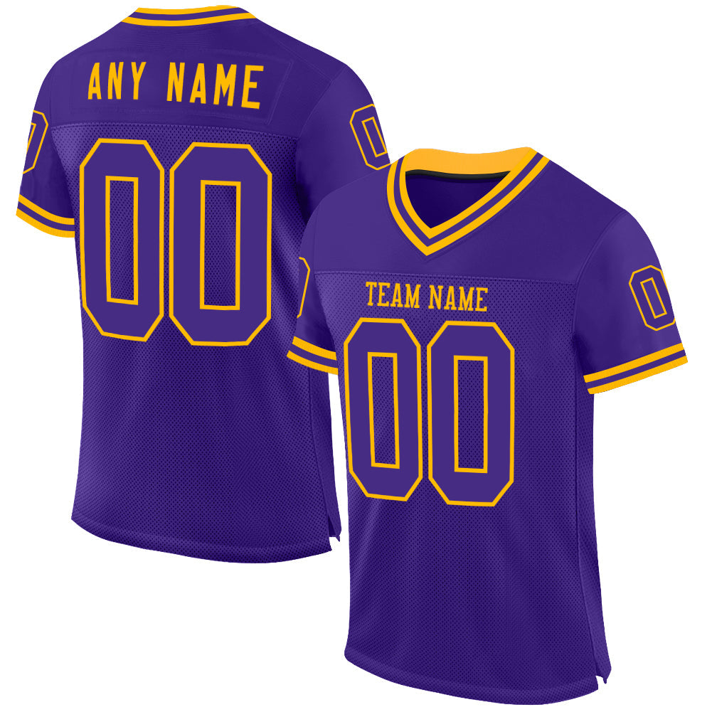 Custom Purple Gold Mesh Authentic Throwback Football Jersey - Main View