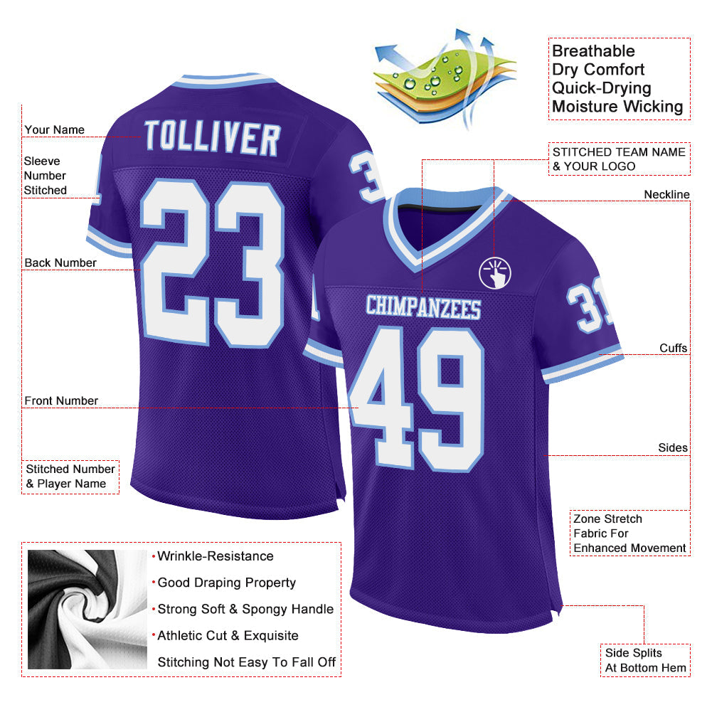 Custom Purple White-Light Blue Mesh Authentic Throwback Football Jersey view 2