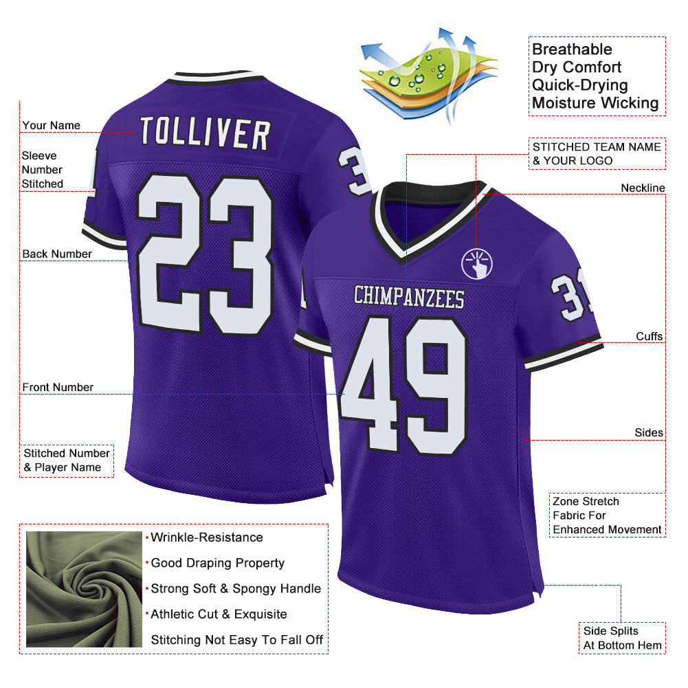 Custom Purple White-Black Mesh Authentic Throwback Football Jersey view 2