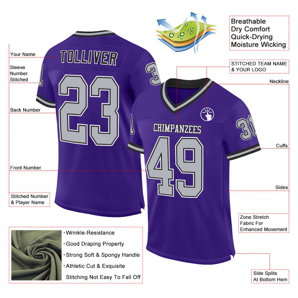 Custom Purple Gray-Black Mesh Authentic Throwback Football Jersey view 2