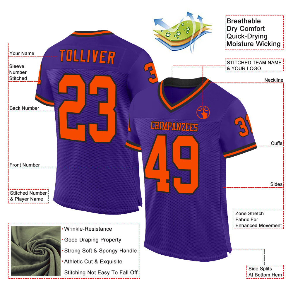 Custom Purple Orange-Black Mesh Authentic Throwback Football Jersey view 2