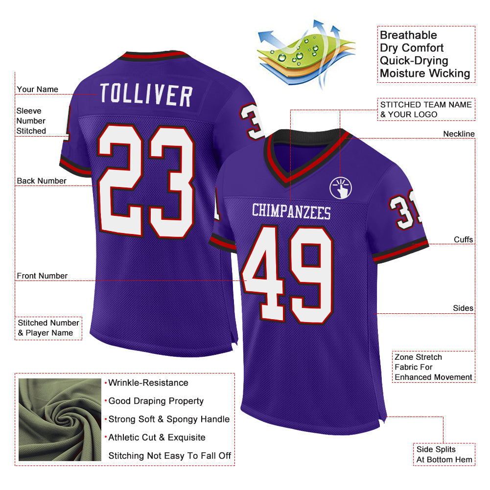 Custom Purple Red-Black Mesh Authentic Throwback Football Jersey view 2
