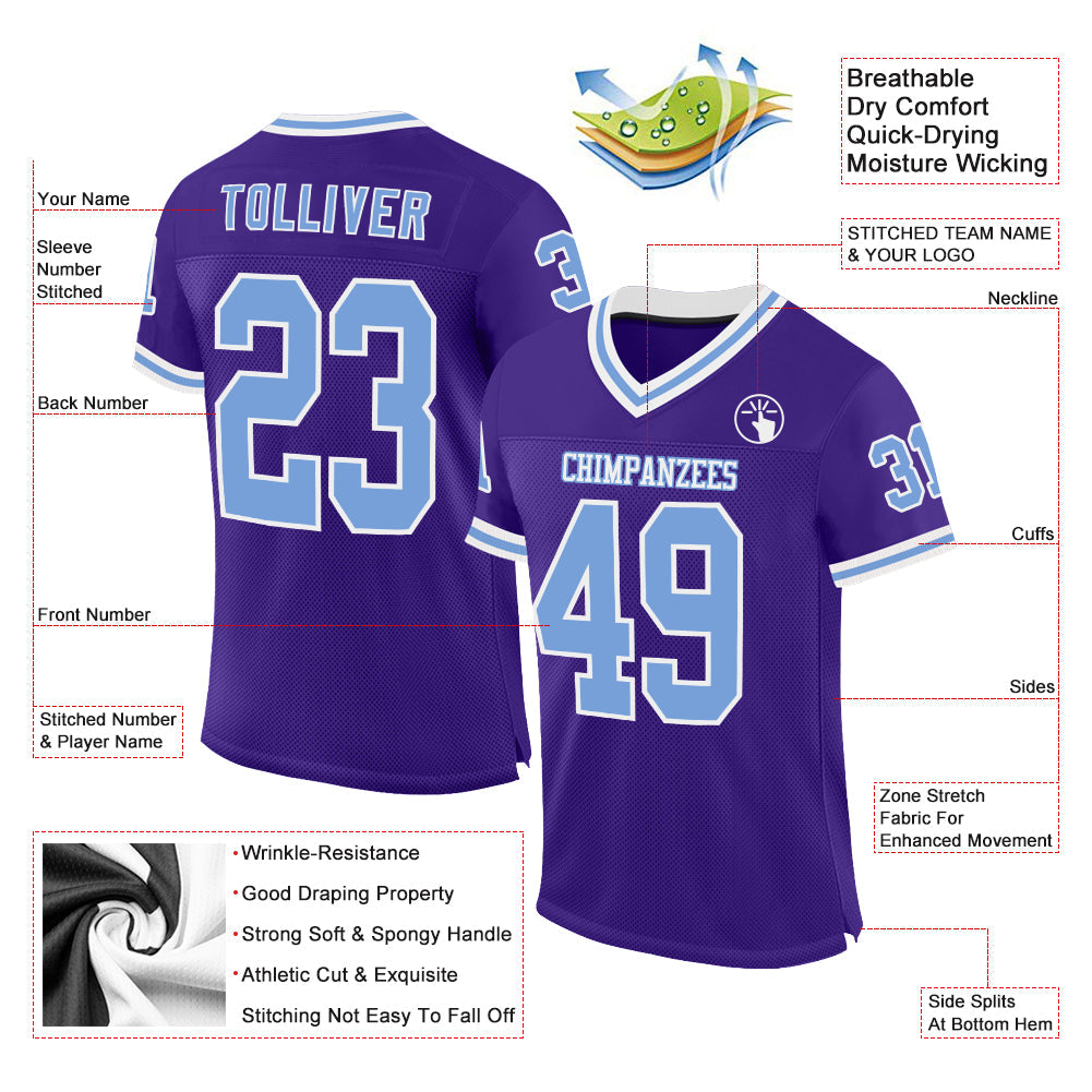 Custom Purple Light Blue-White Mesh Authentic Throwback Football Jersey view 2