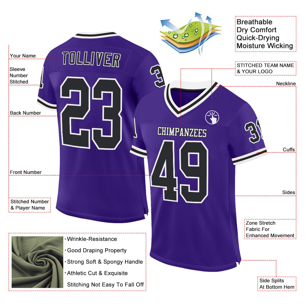 Custom Purple Black-White Mesh Authentic Throwback Football Jersey view 2