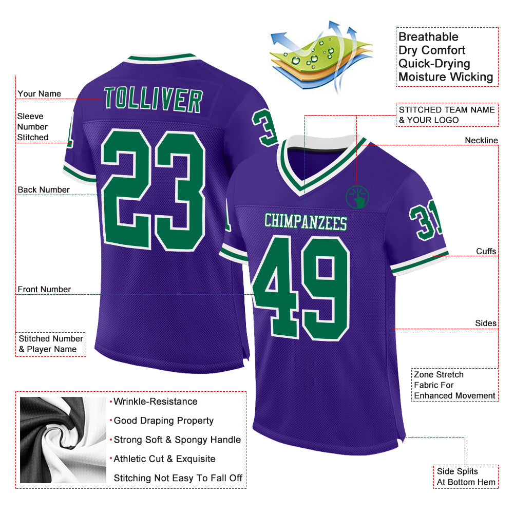 Custom Purple Kelly Green-White Mesh Authentic Throwback Football Jersey view 2