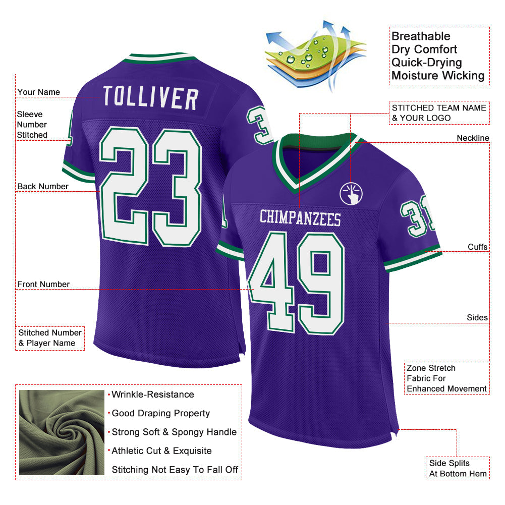 Custom Purple White-Kelly Green Mesh Authentic Throwback Football Jersey view 2