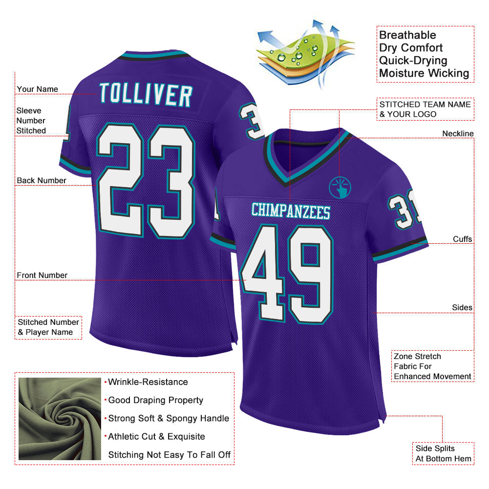 Custom Purple Black-Teal Mesh Authentic Throwback Football Jersey view 2