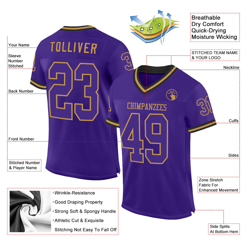 Custom Purple Old Gold-Black Mesh Authentic Throwback Football Jersey view 2