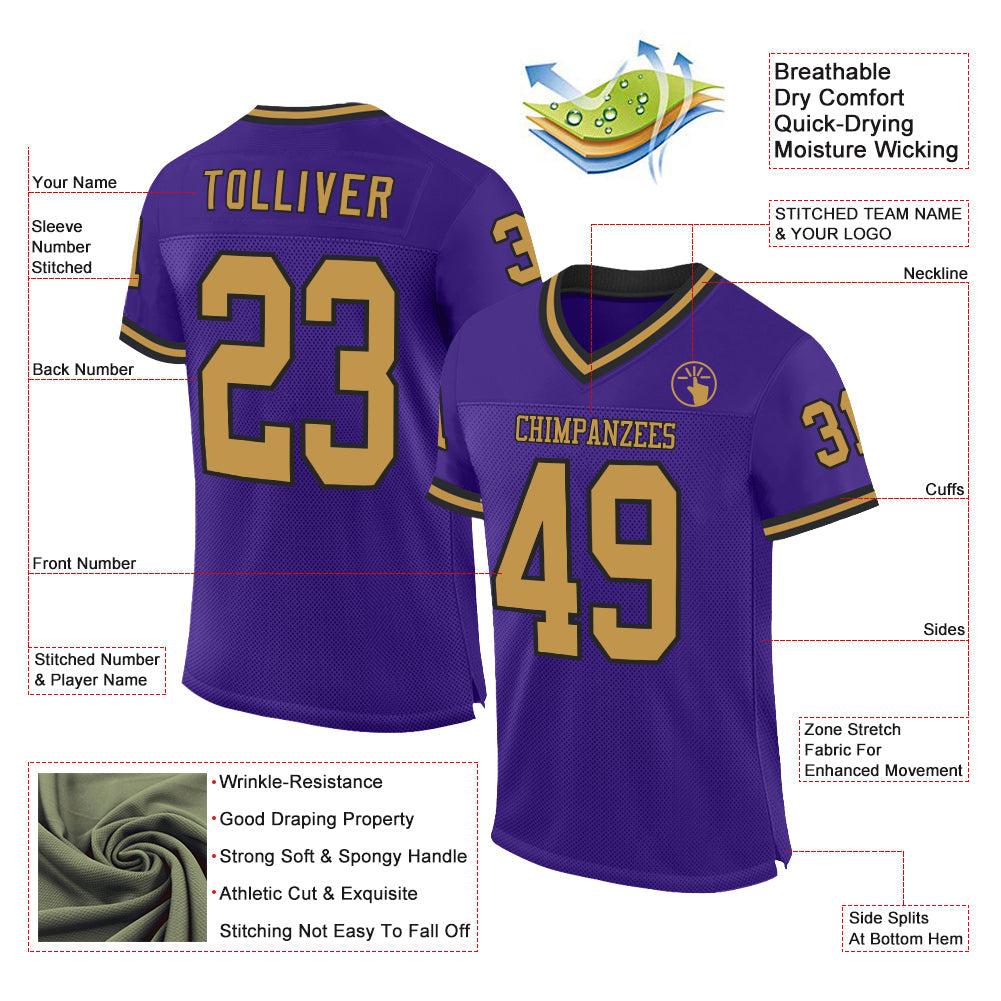 Custom Purple Old Gold-Black Mesh Authentic Throwback Football Jersey view 2
