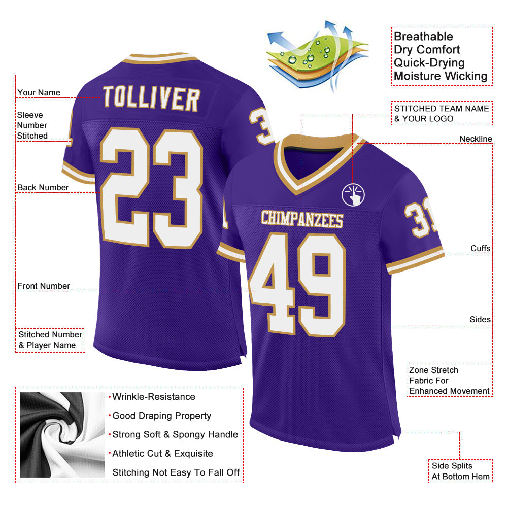 Custom Purple White-Old Gold Mesh Authentic Throwback Football Jersey view 2