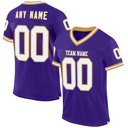 Custom Purple White-Old Gold Mesh Authentic Throwback Football Jersey - Main View