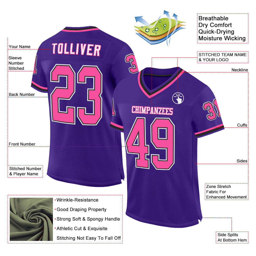 Custom Purple Pink-Black Mesh Authentic Throwback Football Jersey view 2