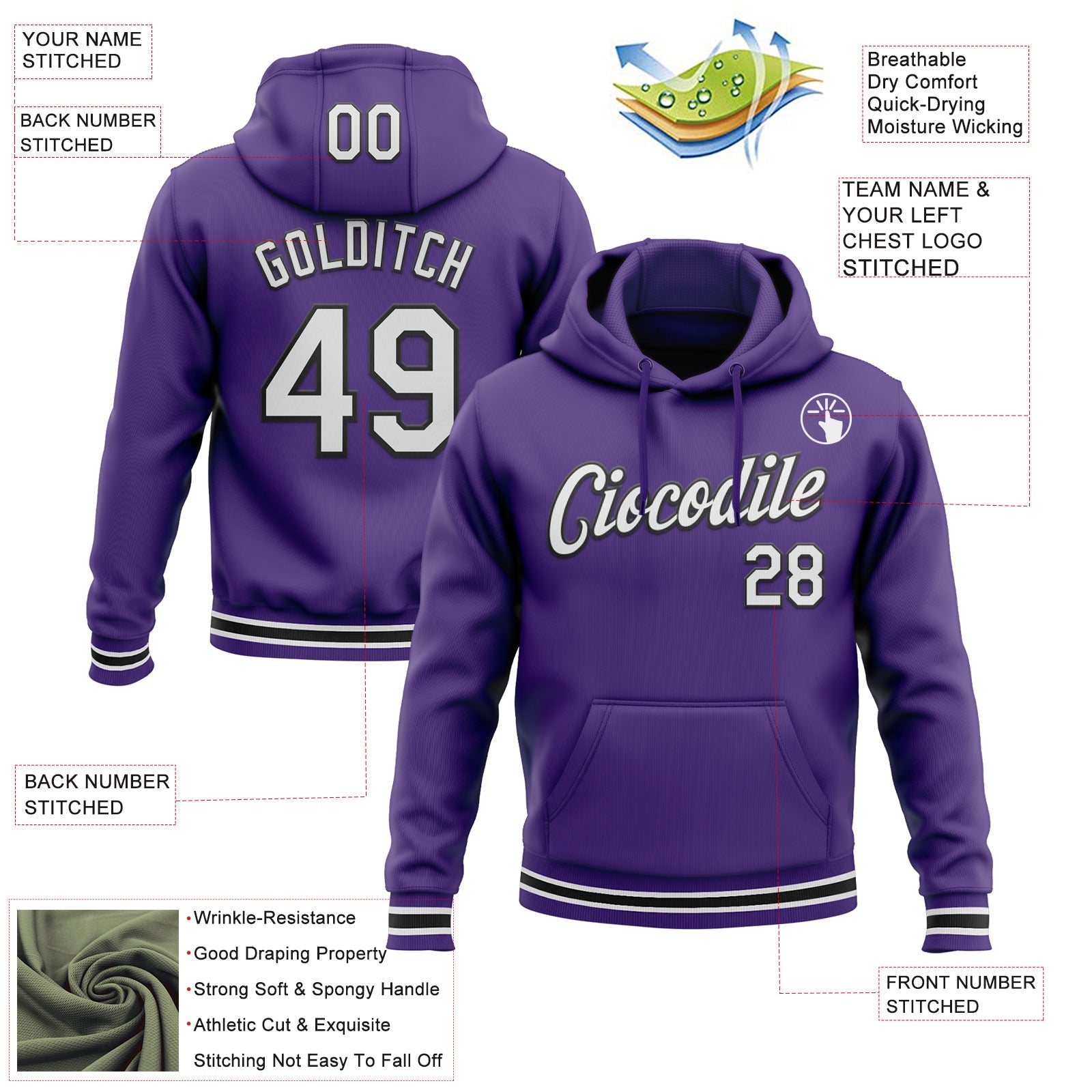 Custom Stitched Purple White-Black Sports Pullover Sweatshirt Hoodie view 3