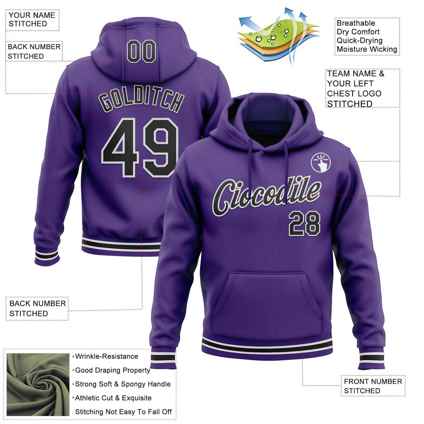 Custom Stitched Purple Black-White Sports Pullover Sweatshirt Hoodie view 3