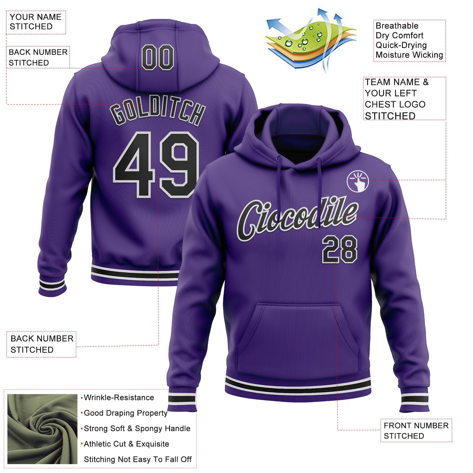 Custom Stitched Purple Black-White Sports Pullover Sweatshirt Hoodie view 3
