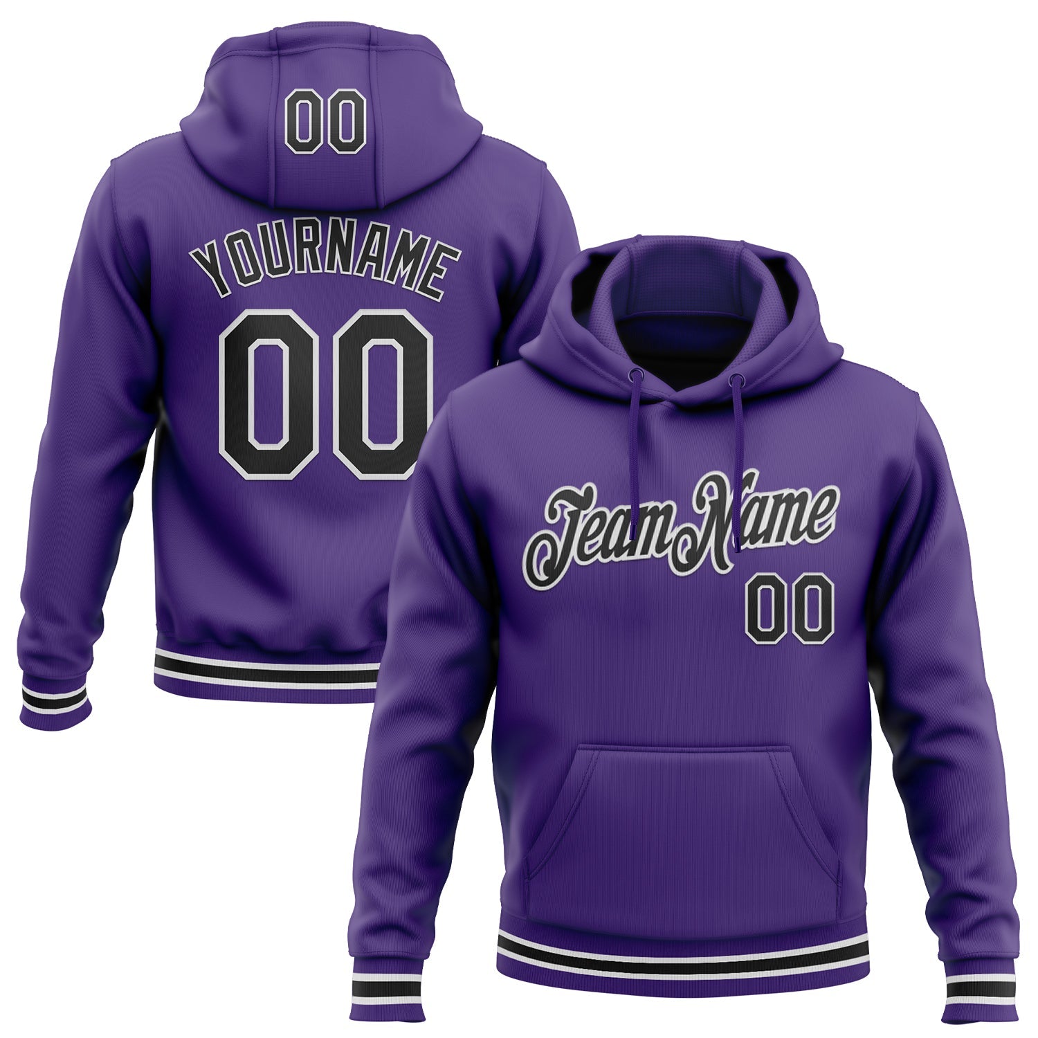 Custom Stitched Purple Black-White Sports Pullover Sweatshirt Hoodie - Main View