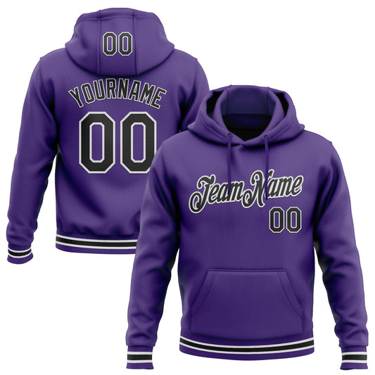 Custom Stitched Purple Black-White Sports Pullover Sweatshirt Hoodie - Main View