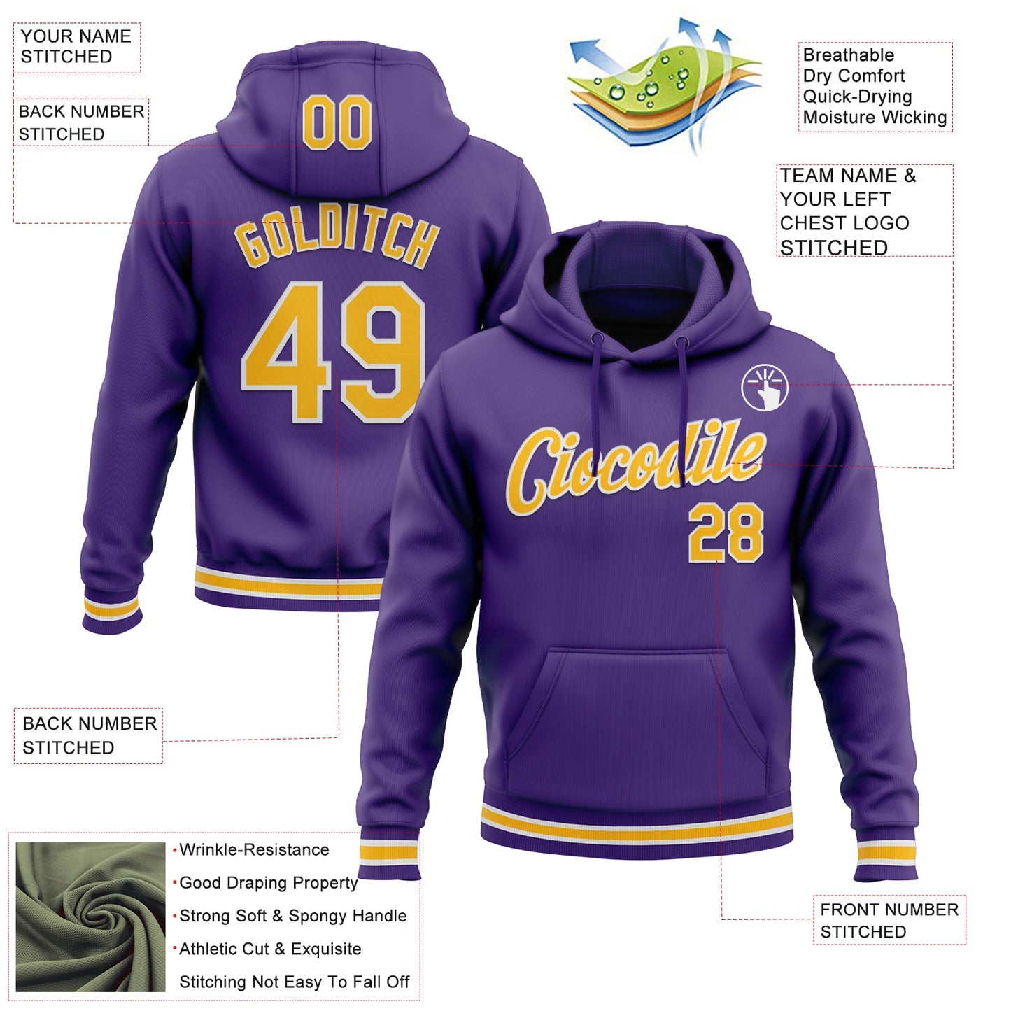 Custom Stitched Purple Gold-White Sports Pullover Sweatshirt Hoodie view 3