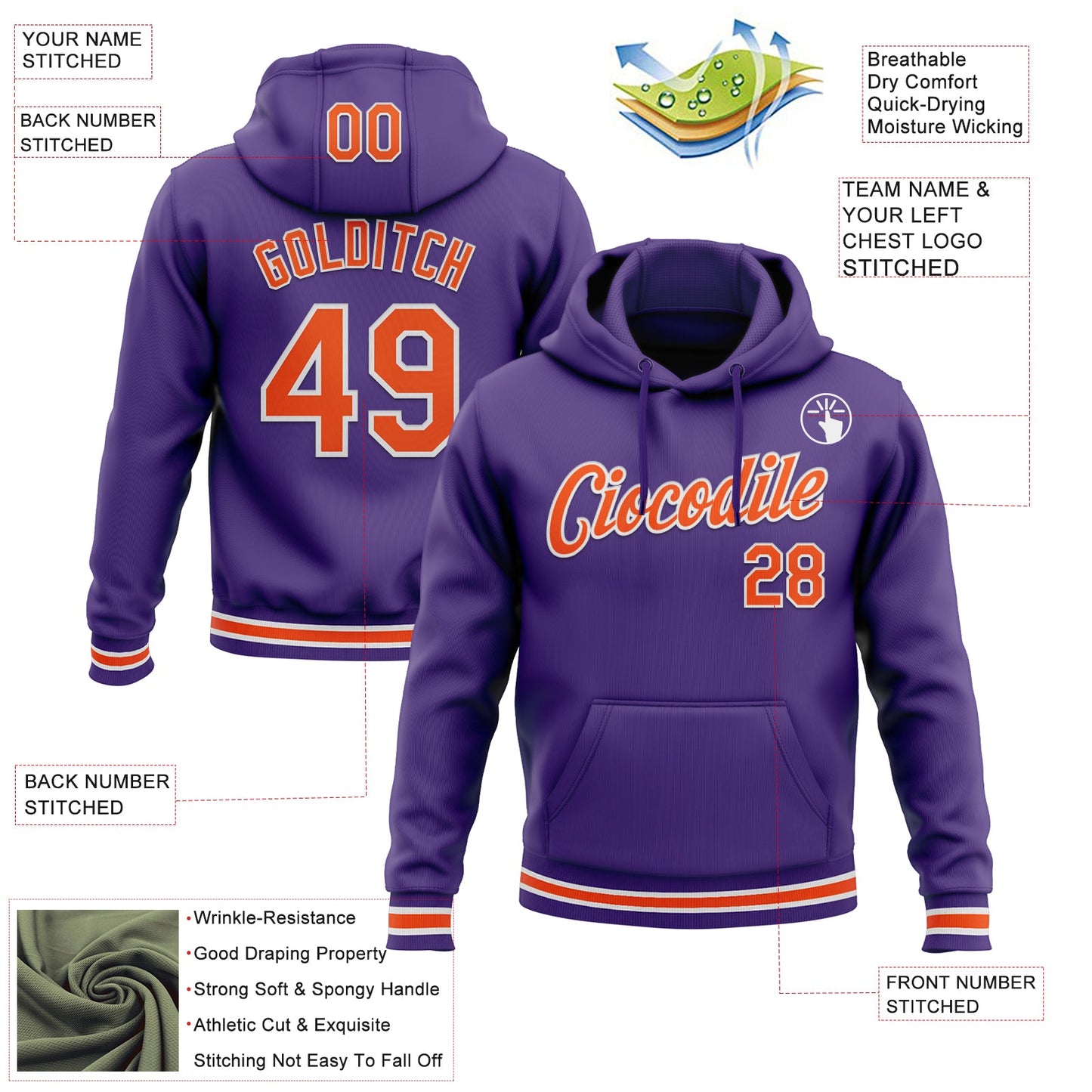 Custom Stitched Purple Orange-White Sports Pullover Sweatshirt Hoodie view 3