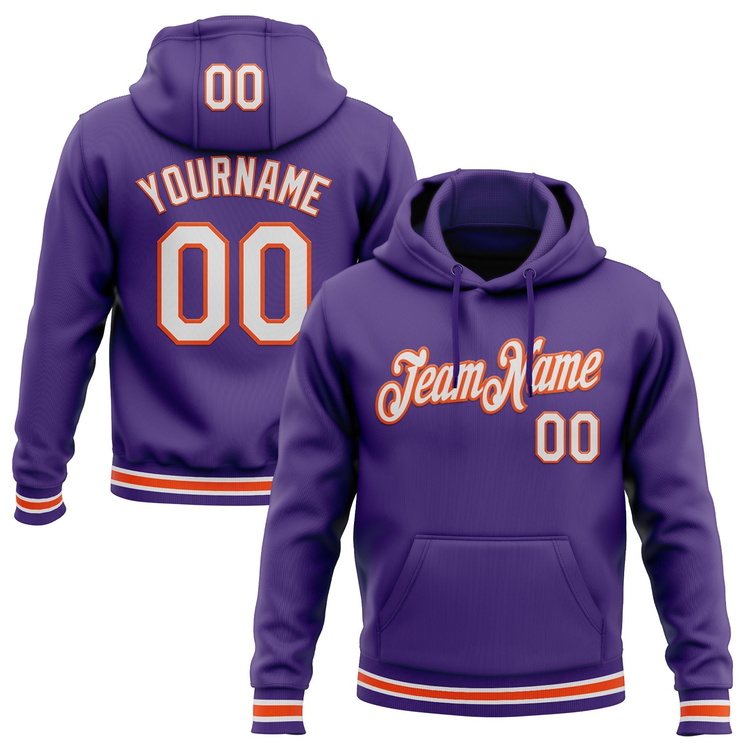 Custom Stitched Purple White-Orange Sports Pullover Sweatshirt Hoodie - Main View