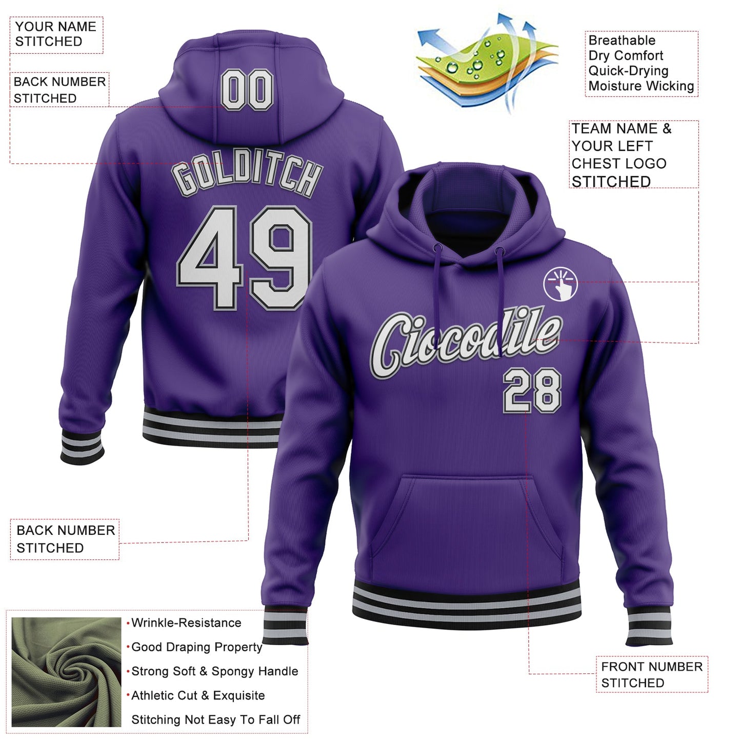 Custom Stitched Purple Black-Gray Sports Pullover Sweatshirt Hoodie view 3