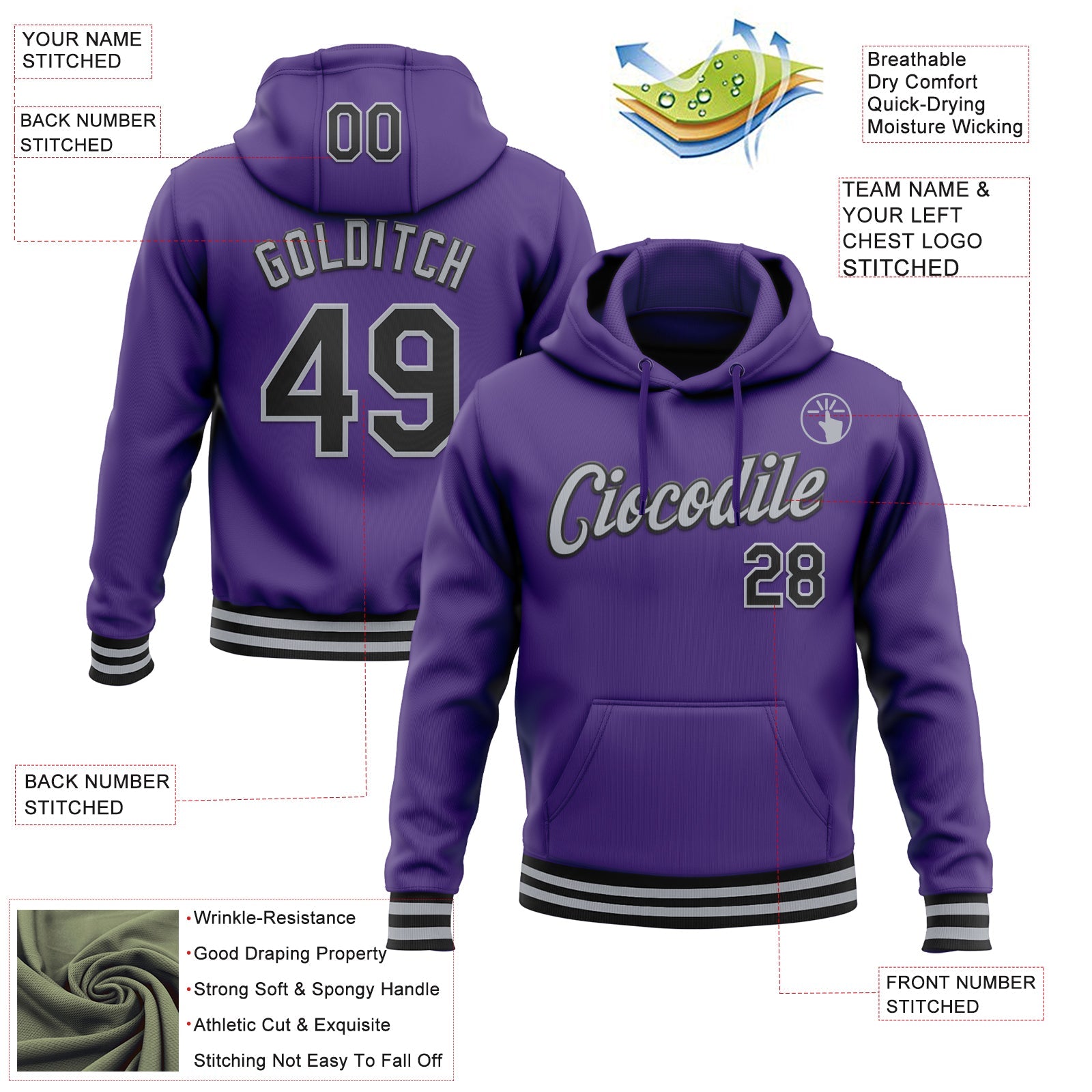 Custom Stitched Purple Black-Gray Sports Pullover Sweatshirt Hoodie view 3
