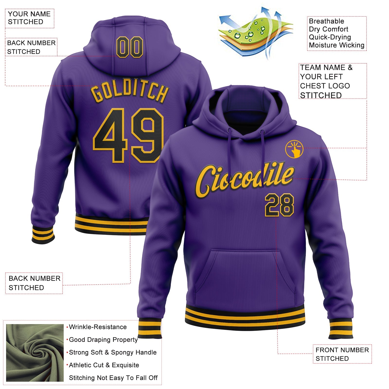 Custom Stitched Purple Black-Gold Sports Pullover Sweatshirt Hoodie view 3