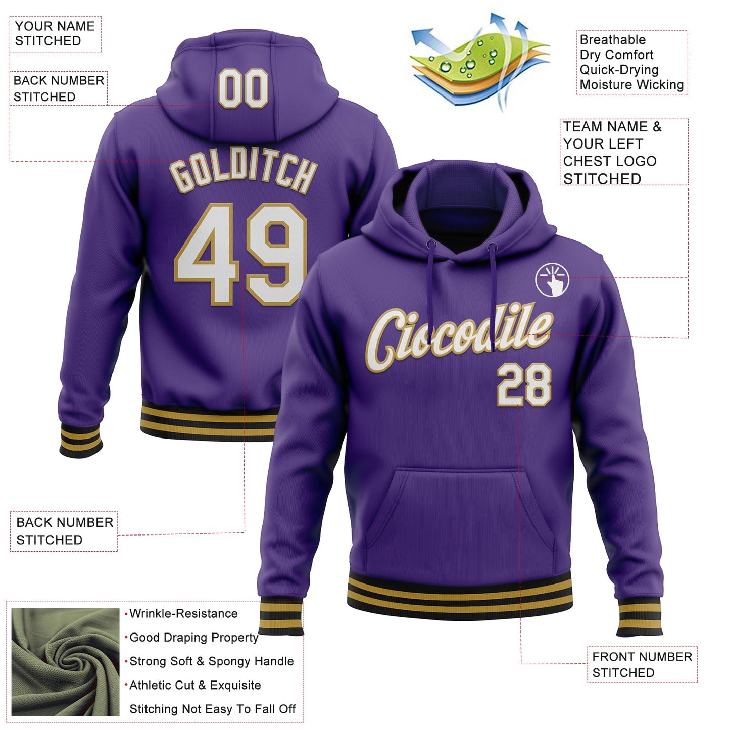 Custom Stitched Purple Old Gold-Black Sports Pullover Sweatshirt Hoodie view 3