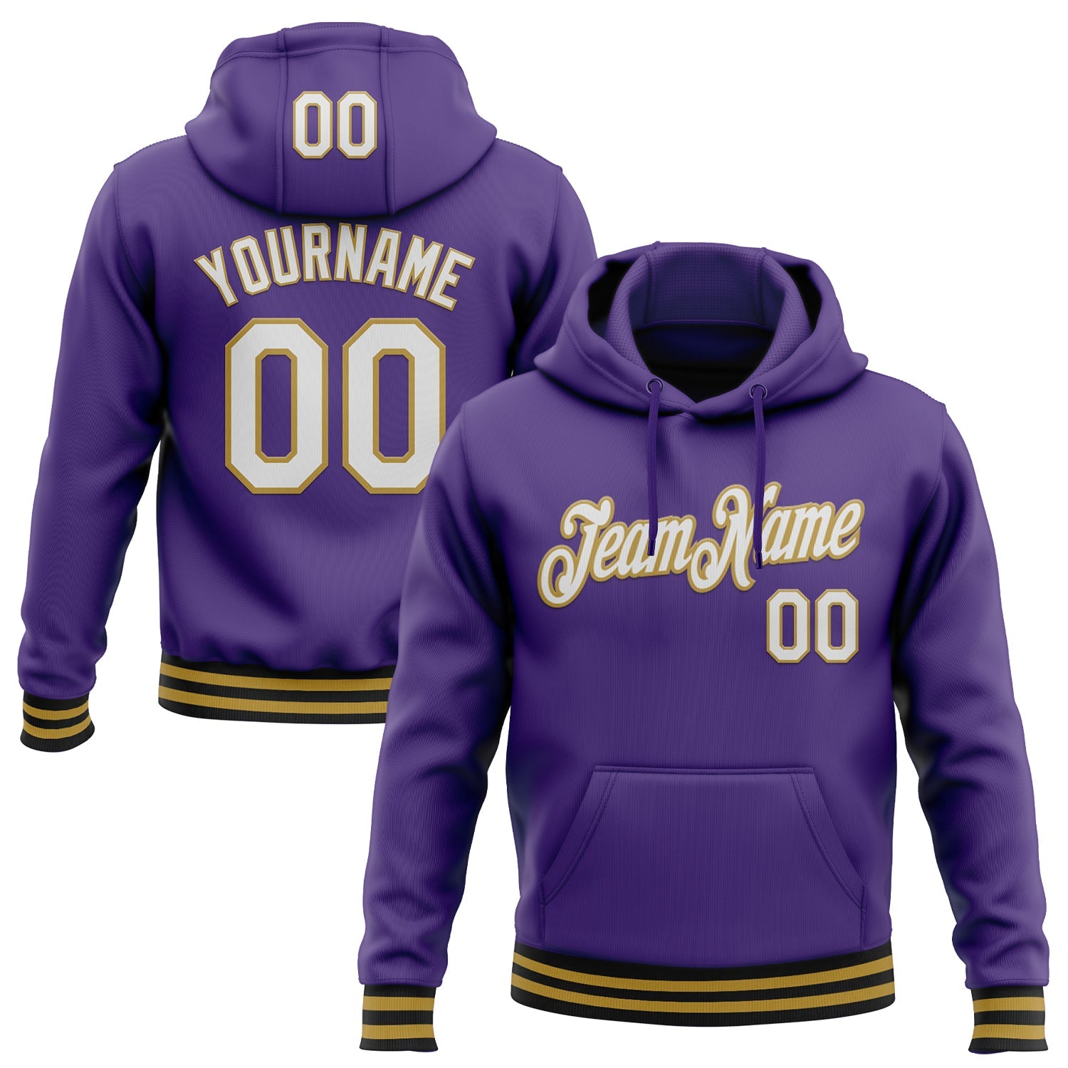 Custom Stitched Purple Old Gold-Black Sports Pullover Sweatshirt Hoodie - Main View