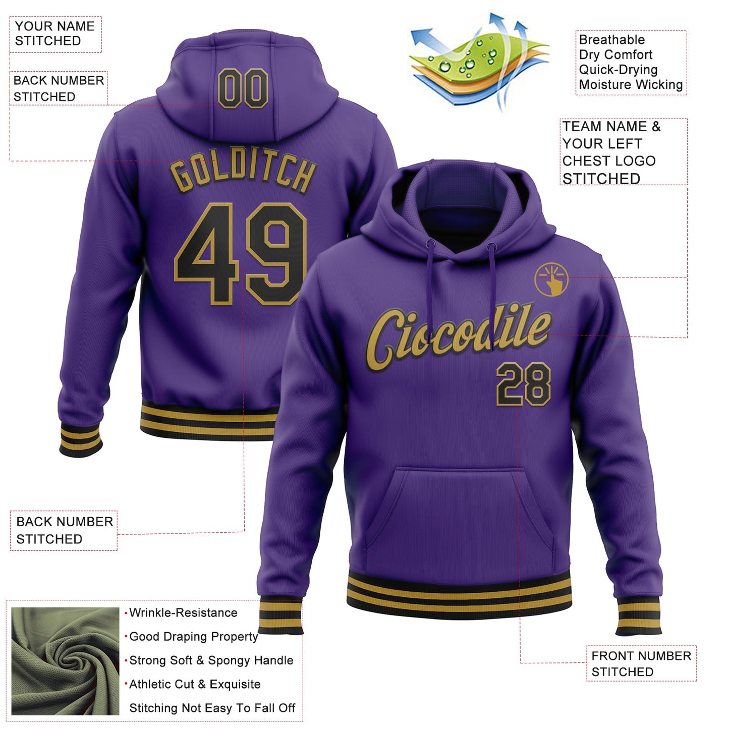 Custom Stitched Purple Black-Old Gold Sports Pullover Sweatshirt Hoodie view 3