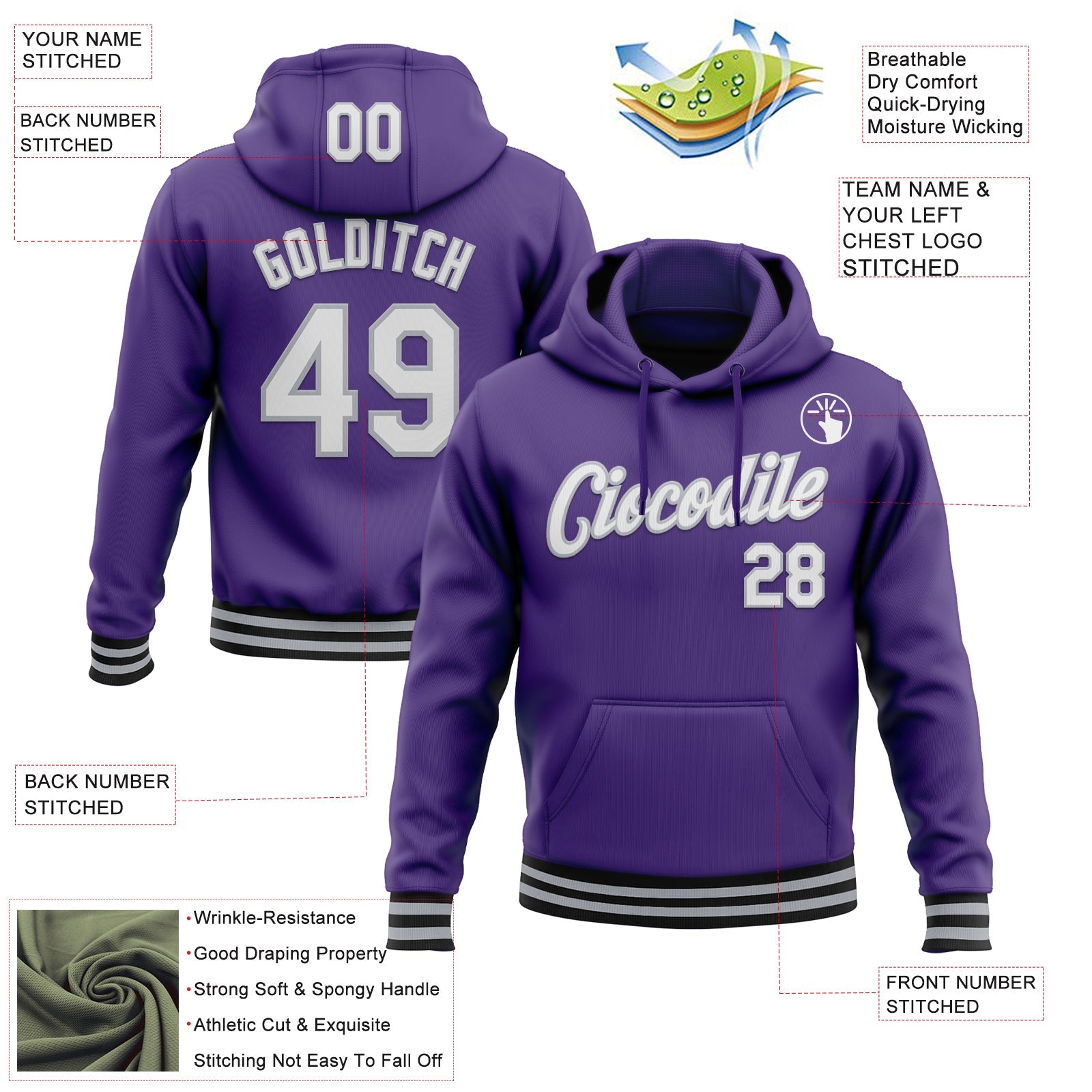 Custom Stitched Purple Gray-Black Sports Pullover Sweatshirt Hoodie view 3