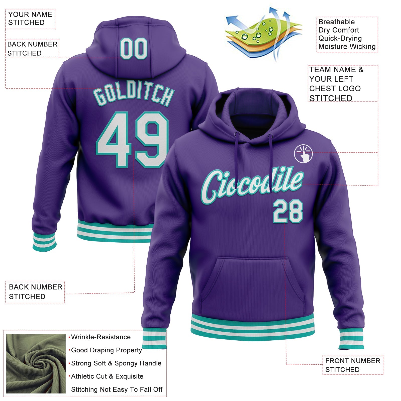 Custom Stitched Purple White-Aqua Sports Pullover Sweatshirt Hoodie view 3