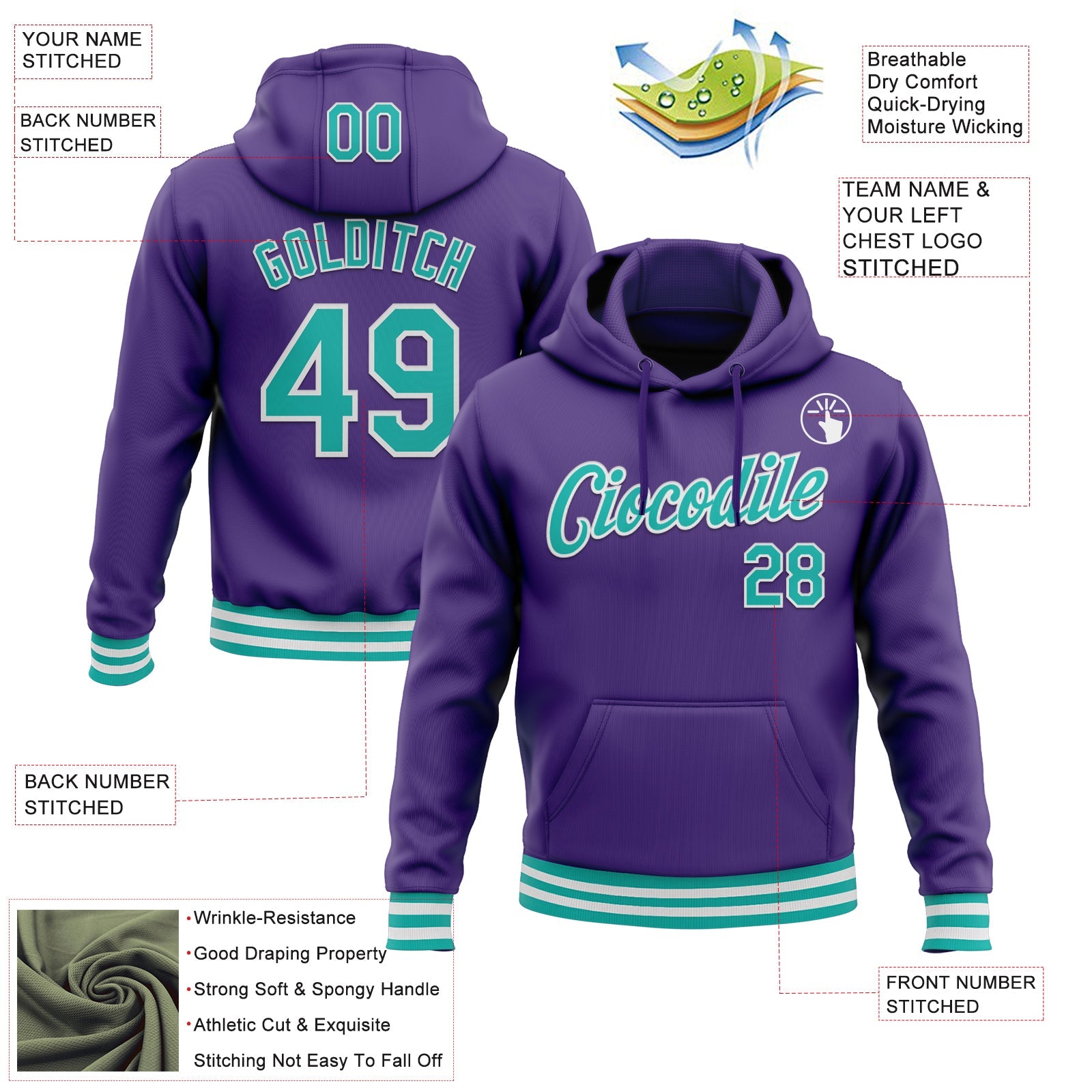 Custom Stitched Purple Aqua-White Sports Pullover Sweatshirt Hoodie view 3