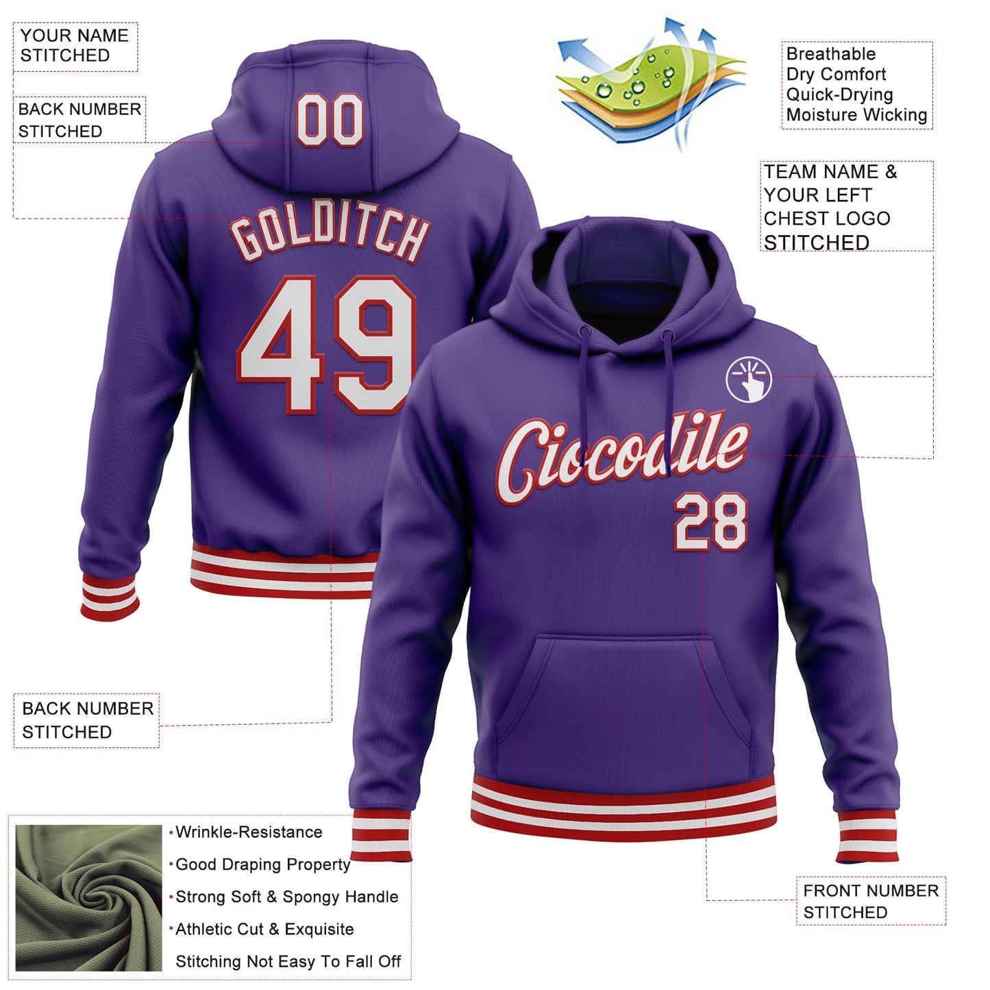 Custom Stitched Purple White-Red Sports Pullover Sweatshirt Hoodie view 3