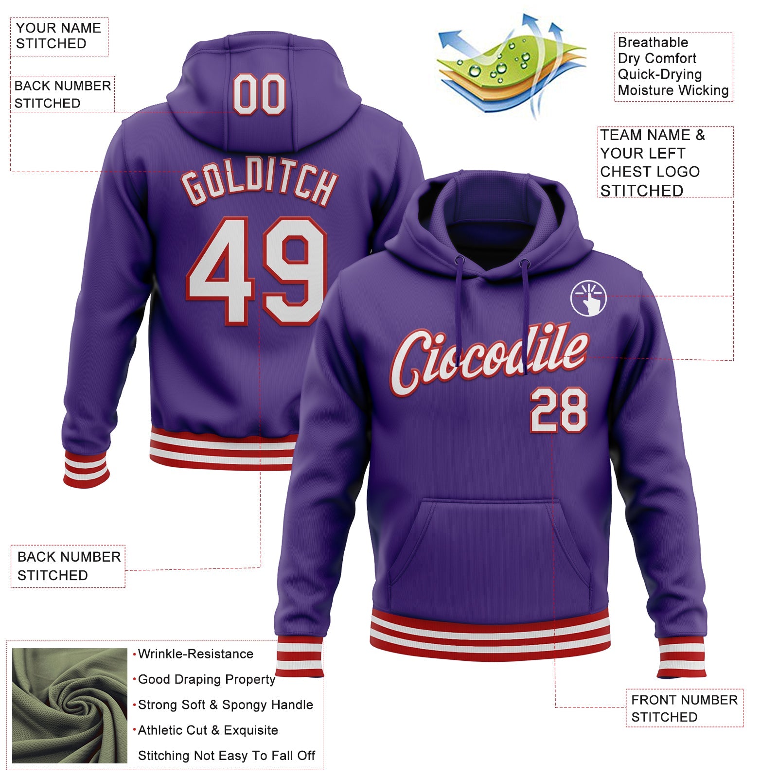 Custom Stitched Purple White-Red Sports Pullover Sweatshirt Hoodie view 3