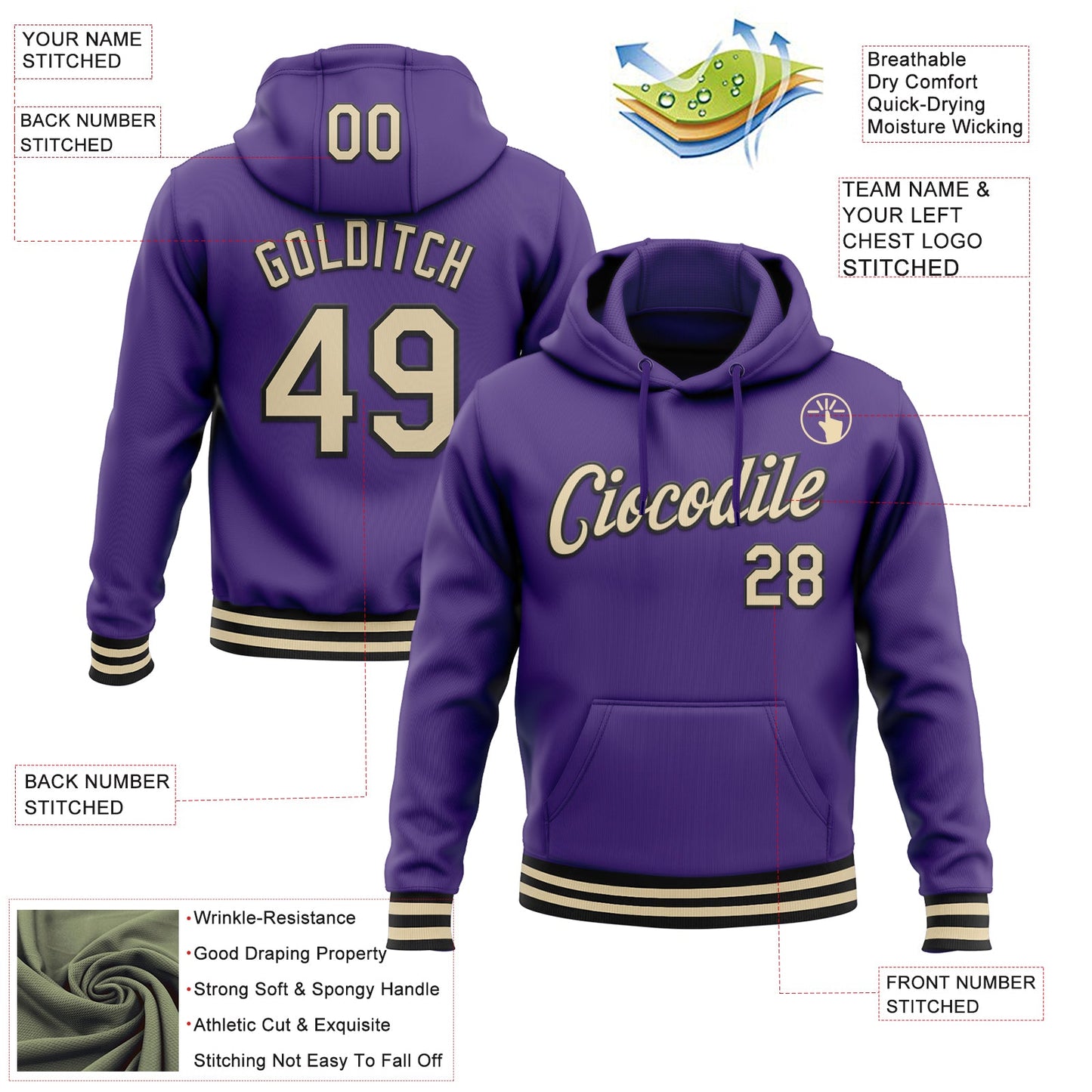 Custom Stitched Purple Cream-Black Sports Pullover Sweatshirt Hoodie view 3