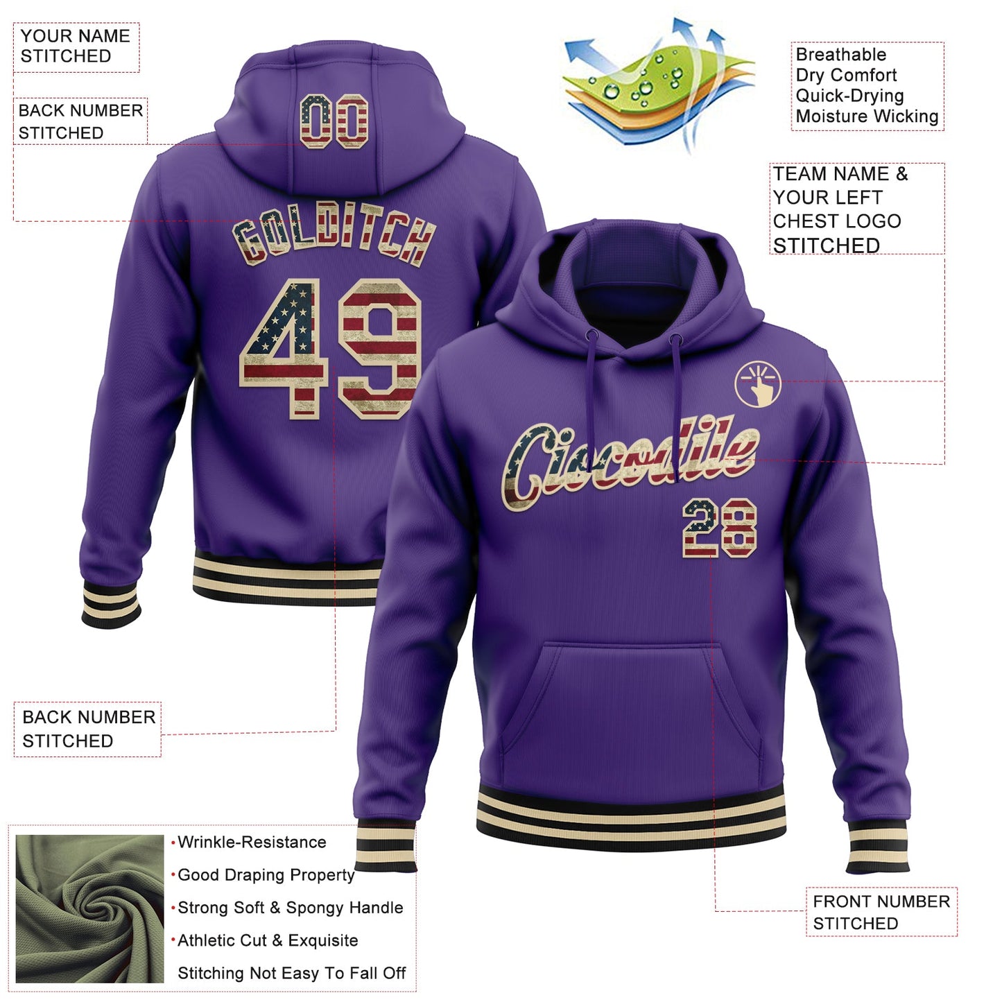 Custom Stitched Purple Vintage USA Flag Cream-Black Sports Pullover Sweatshirt Hoodie view 3