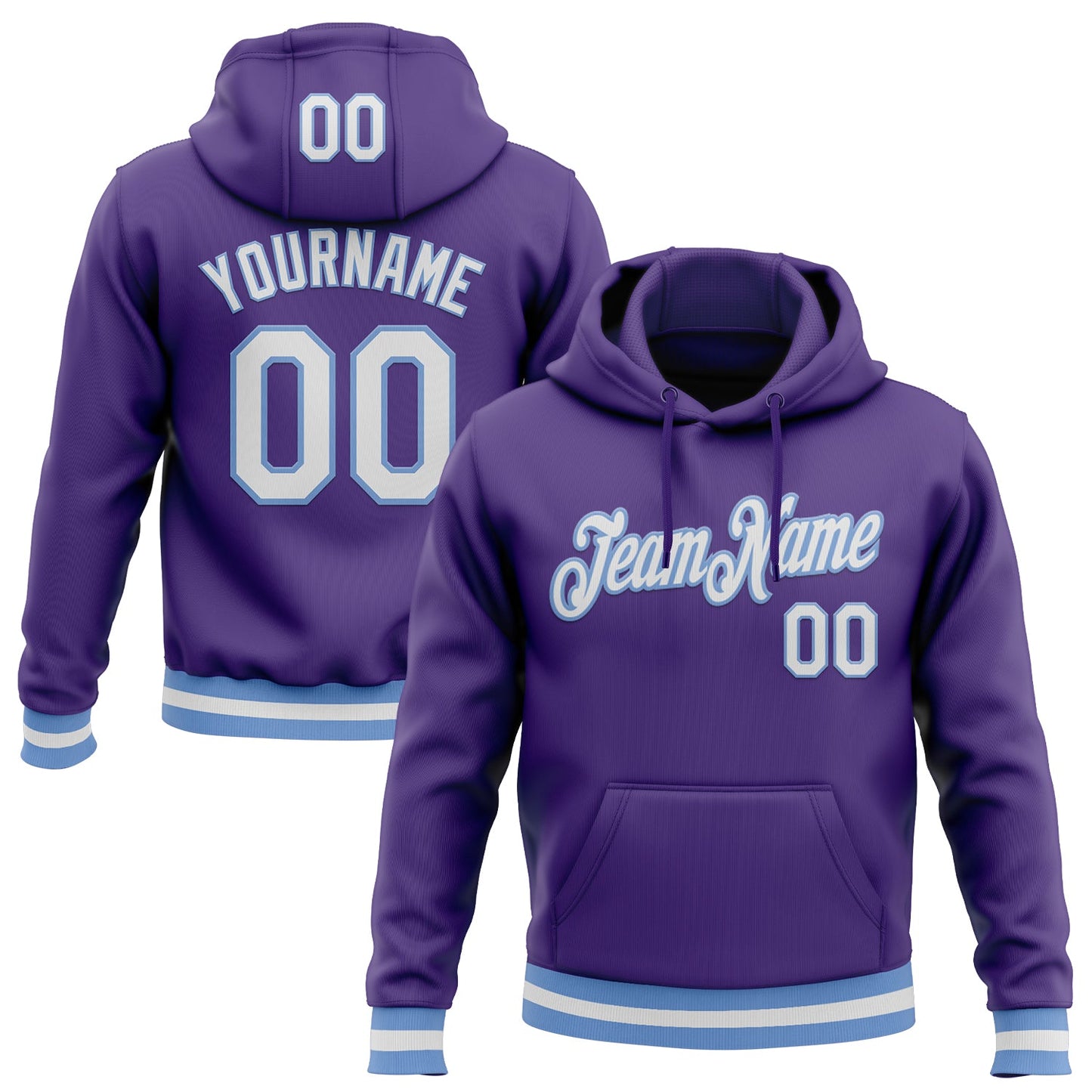Custom Stitched Purple White-Light Blue Sports Pullover Sweatshirt Hoodie - Main View