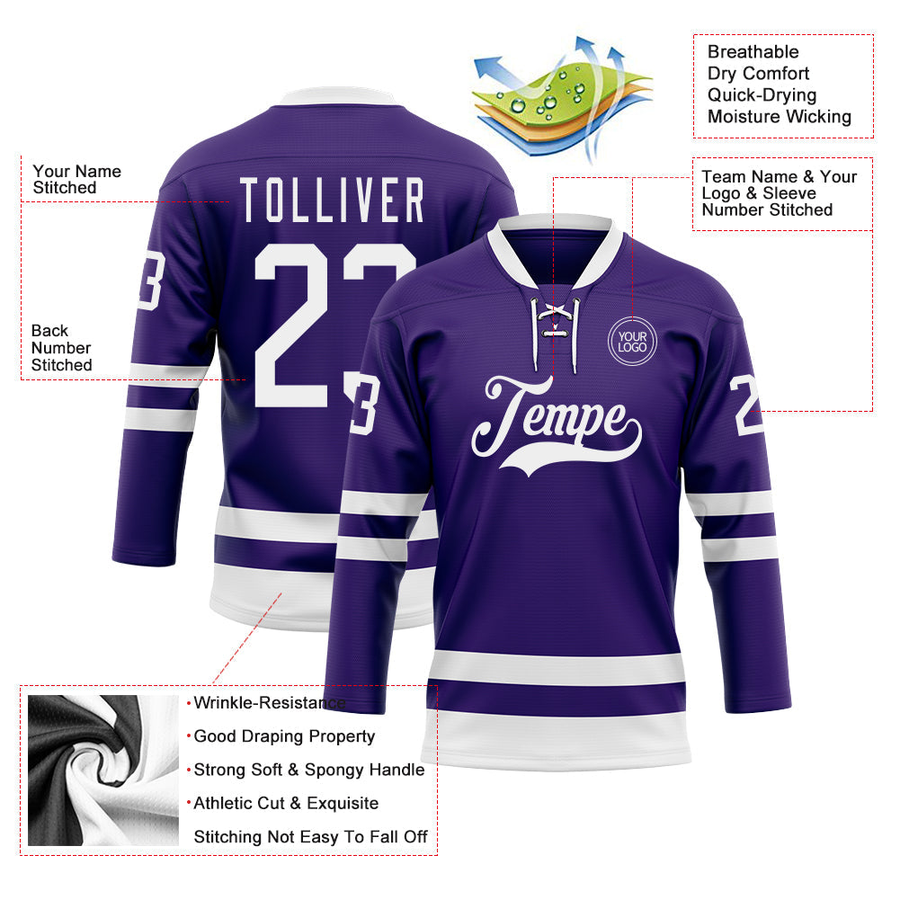 Custom Purple White Hockey Lace Neck Jersey view 3