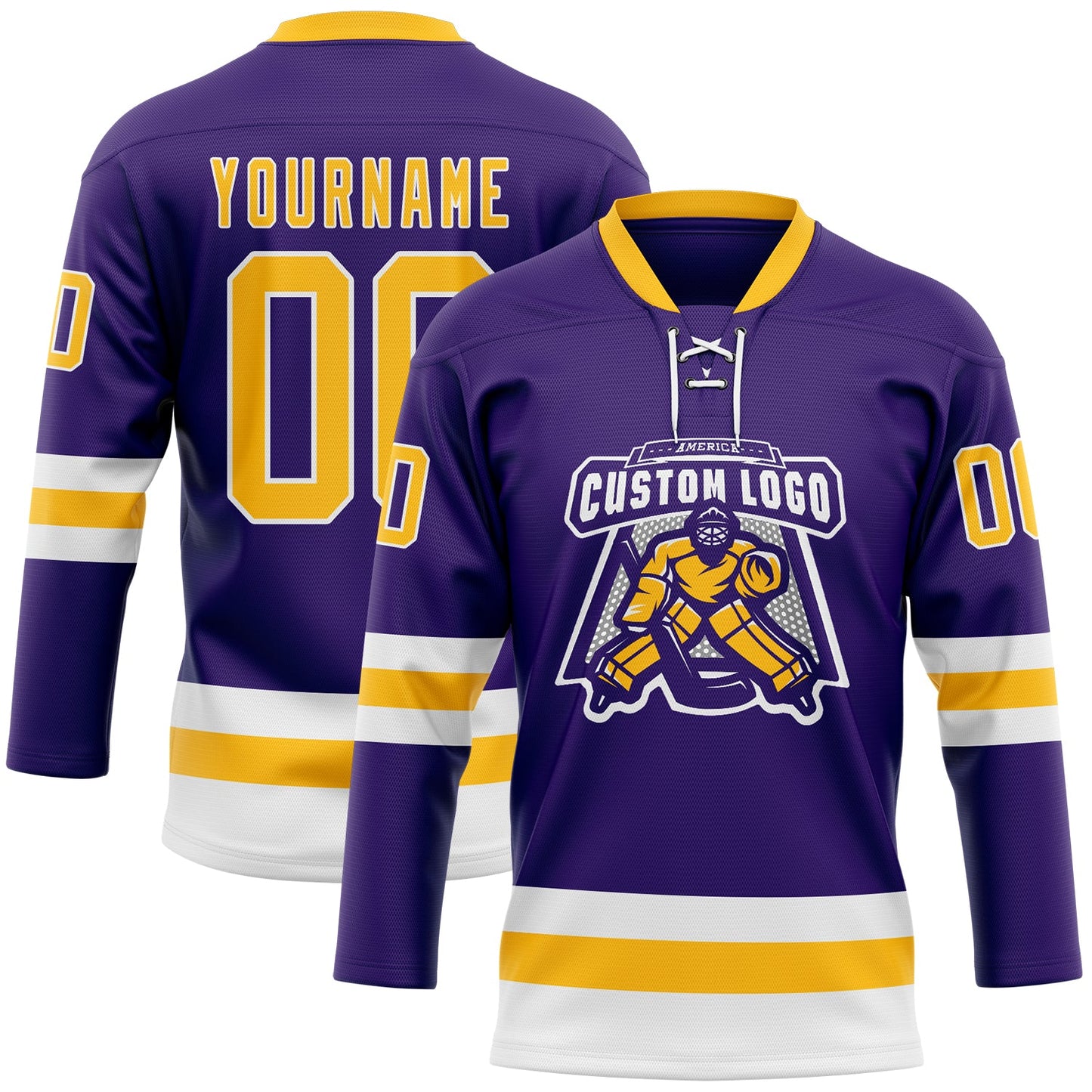 Custom Purple Gold-White Hockey Lace Neck Jersey view 2