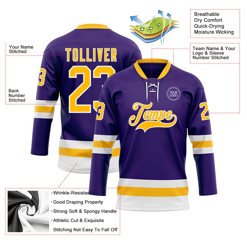 Custom Purple Gold-White Hockey Lace Neck Jersey view 3