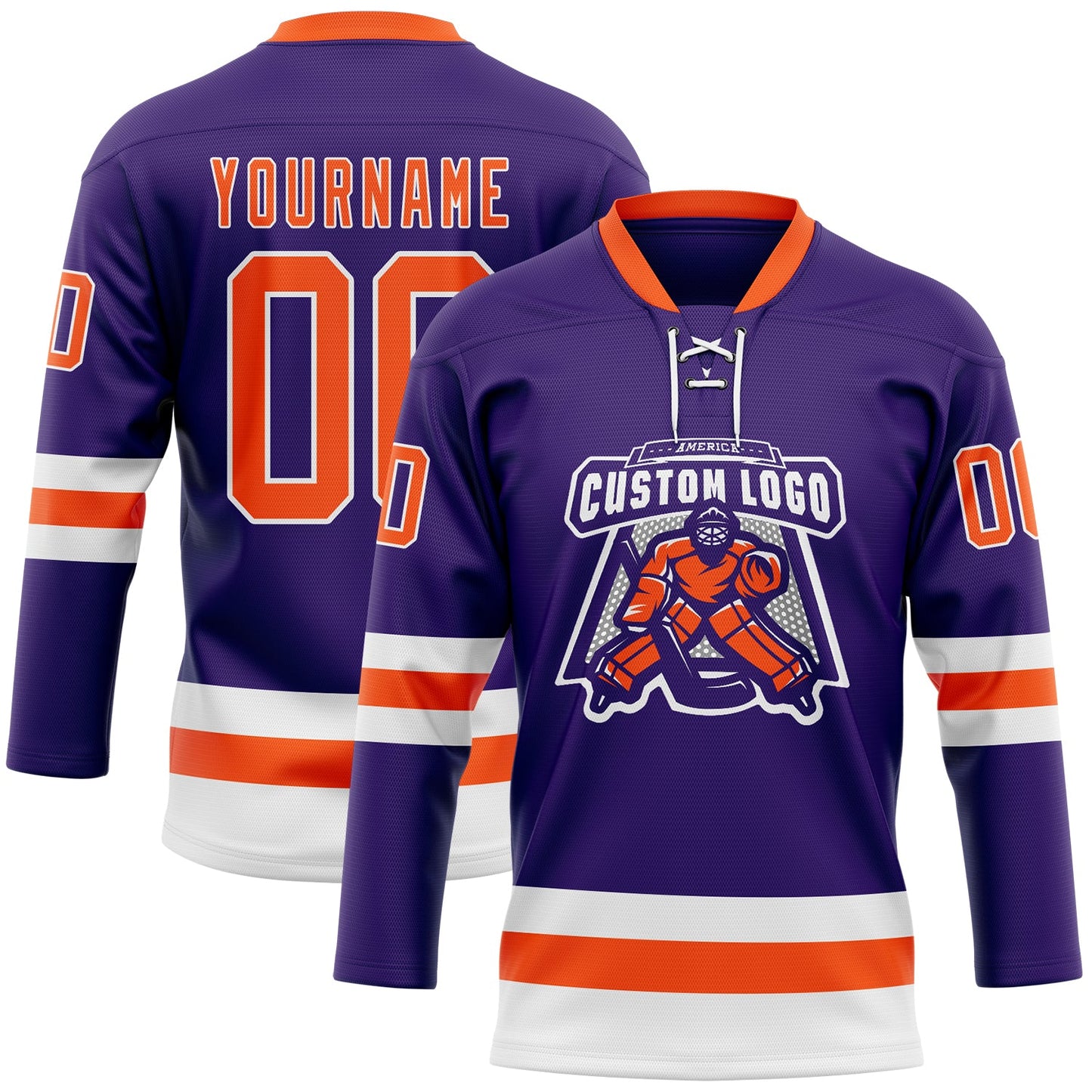Custom Purple Orange-White Hockey Lace Neck Jersey view 2