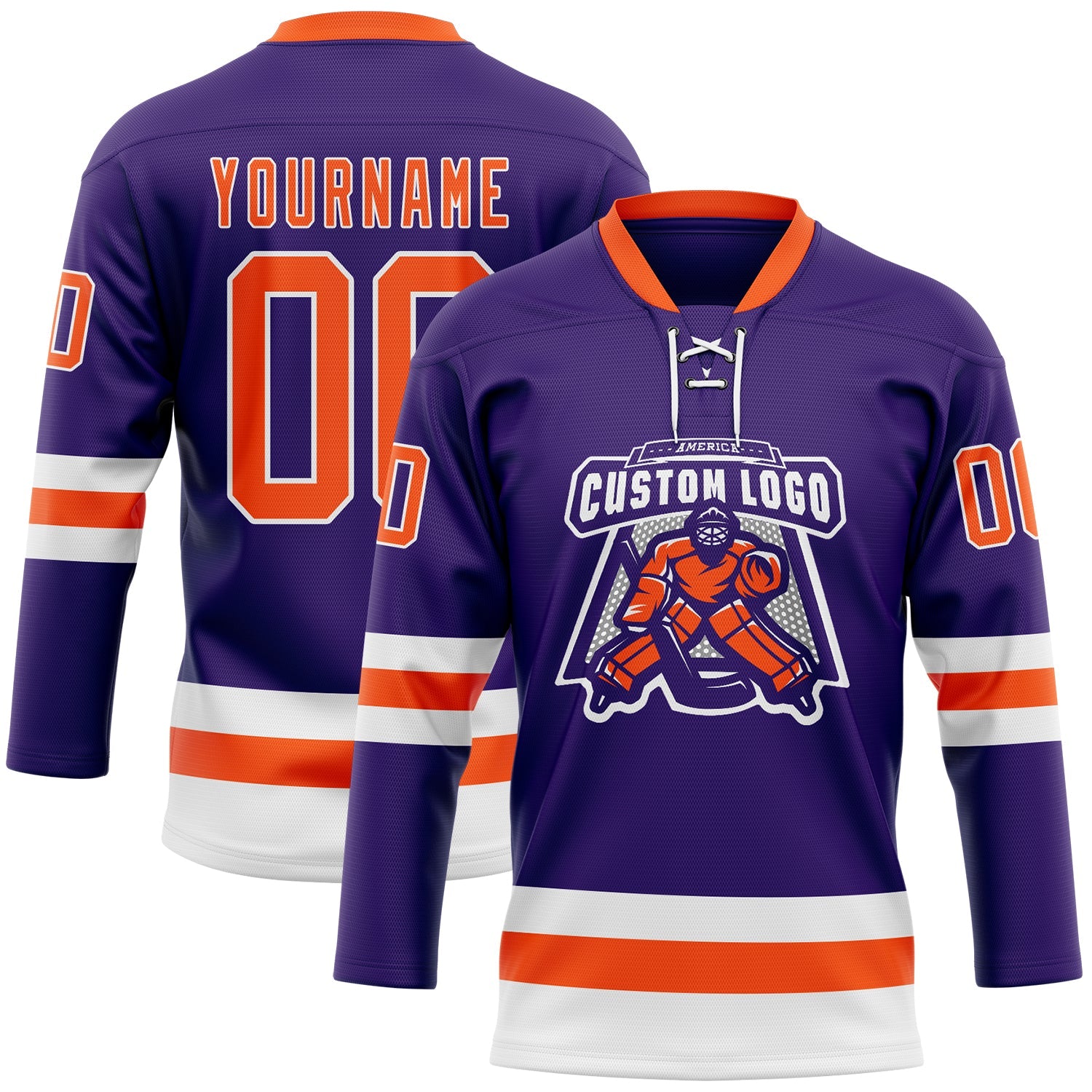 Custom Purple Orange-White Hockey Lace Neck Jersey view 2