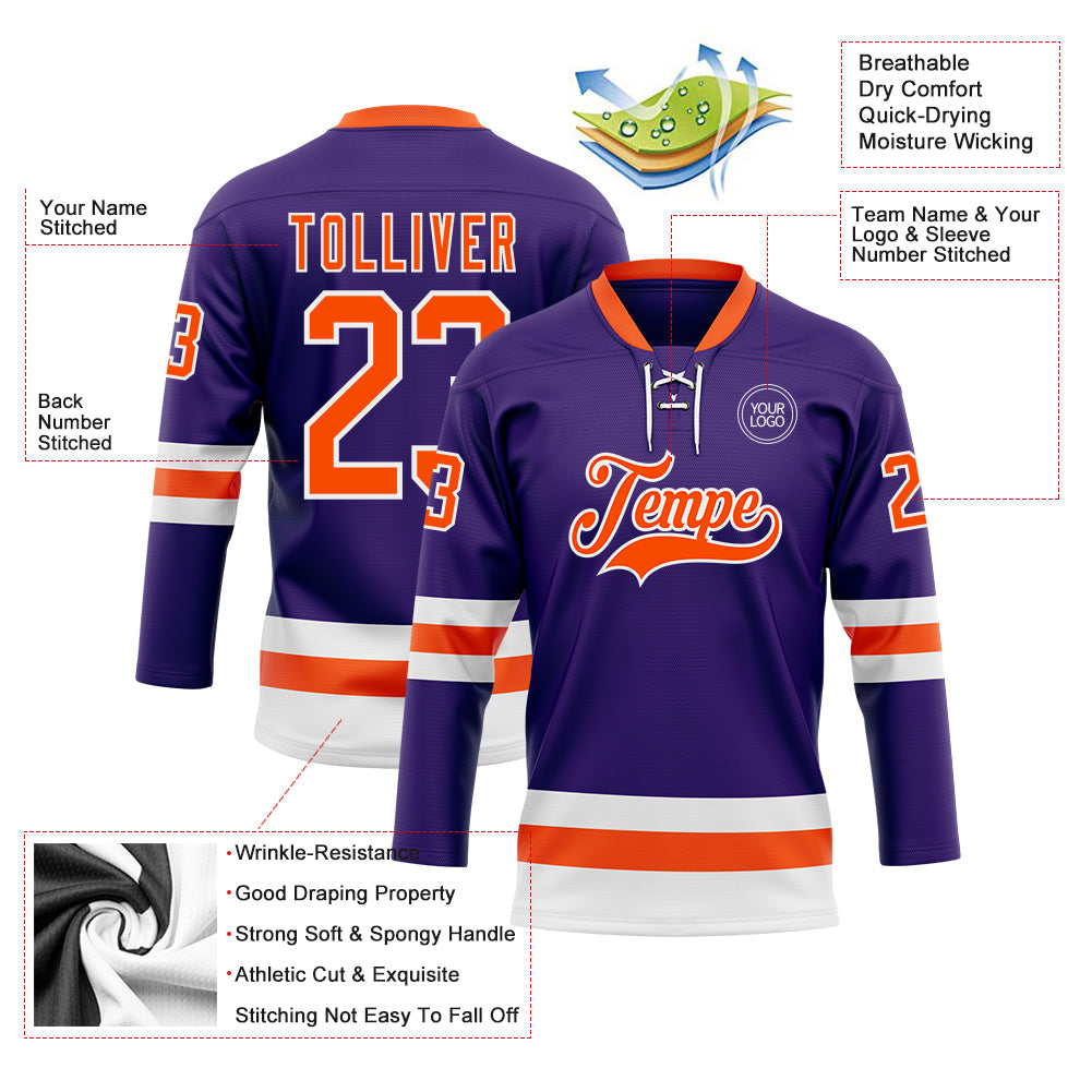 Custom Purple Orange-White Hockey Lace Neck Jersey view 3