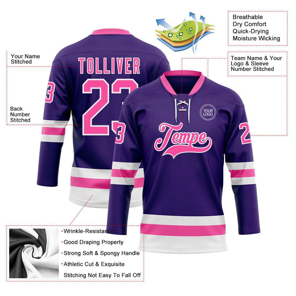Custom Purple Pink-White Hockey Lace Neck Jersey view 3