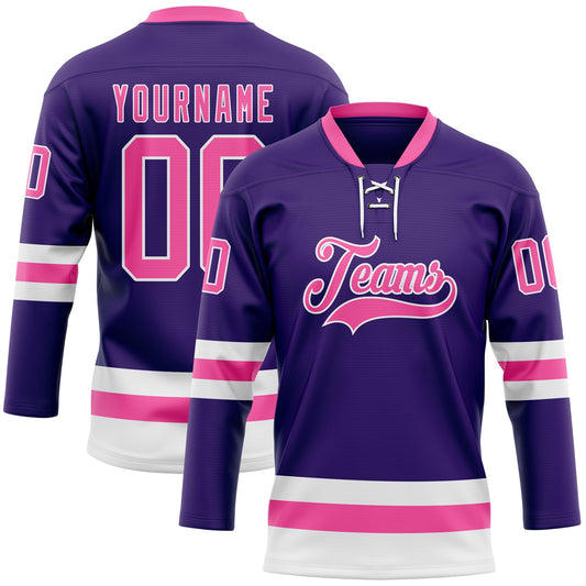 Custom Purple Pink-White Hockey Lace Neck Jersey - Main View
