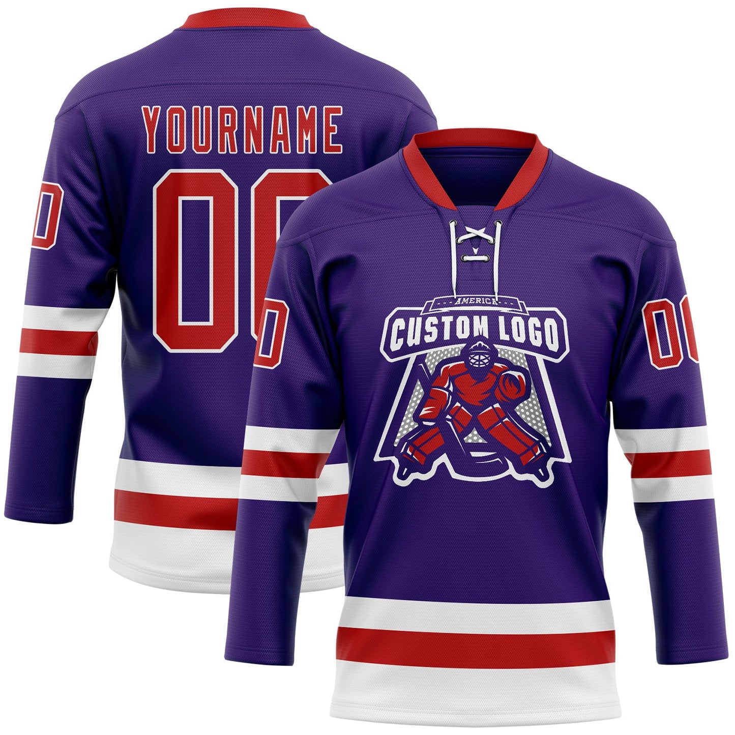Custom Purple Red-White Hockey Lace Neck Jersey view 2