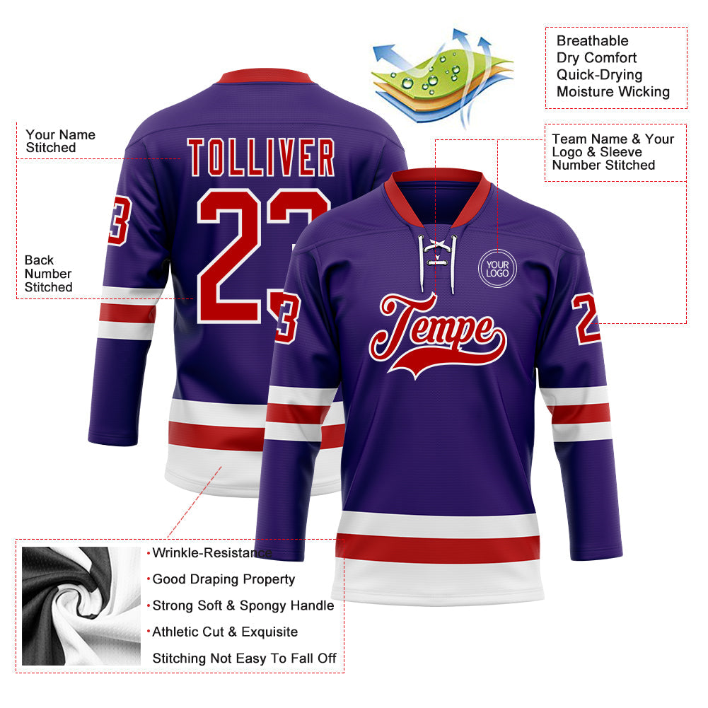 Custom Purple Red-White Hockey Lace Neck Jersey view 3