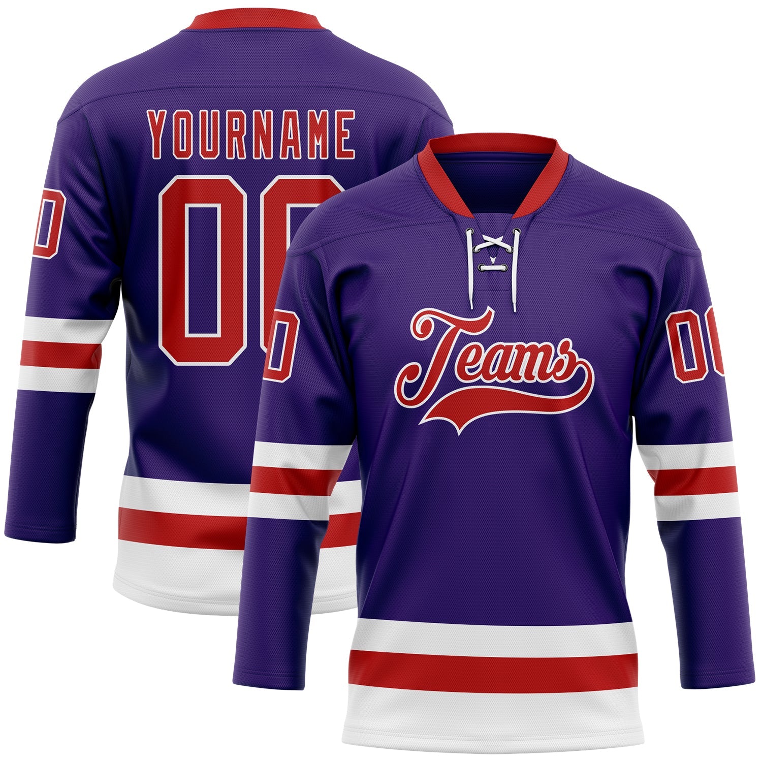 Custom Purple Red-White Hockey Lace Neck Jersey - Main View